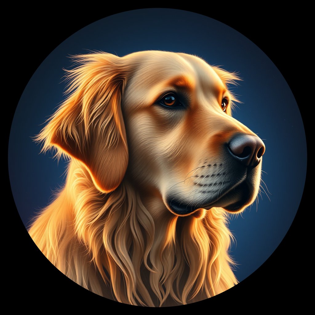 Cosmic medallion portrait of GRLS_grlsGD157RGG, a Golden Retriever