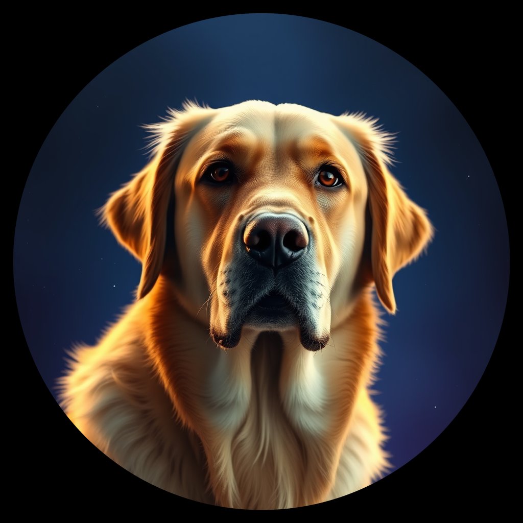 Cosmic medallion portrait of GRLS_grlsGDY4NYDD, a Golden Retriever