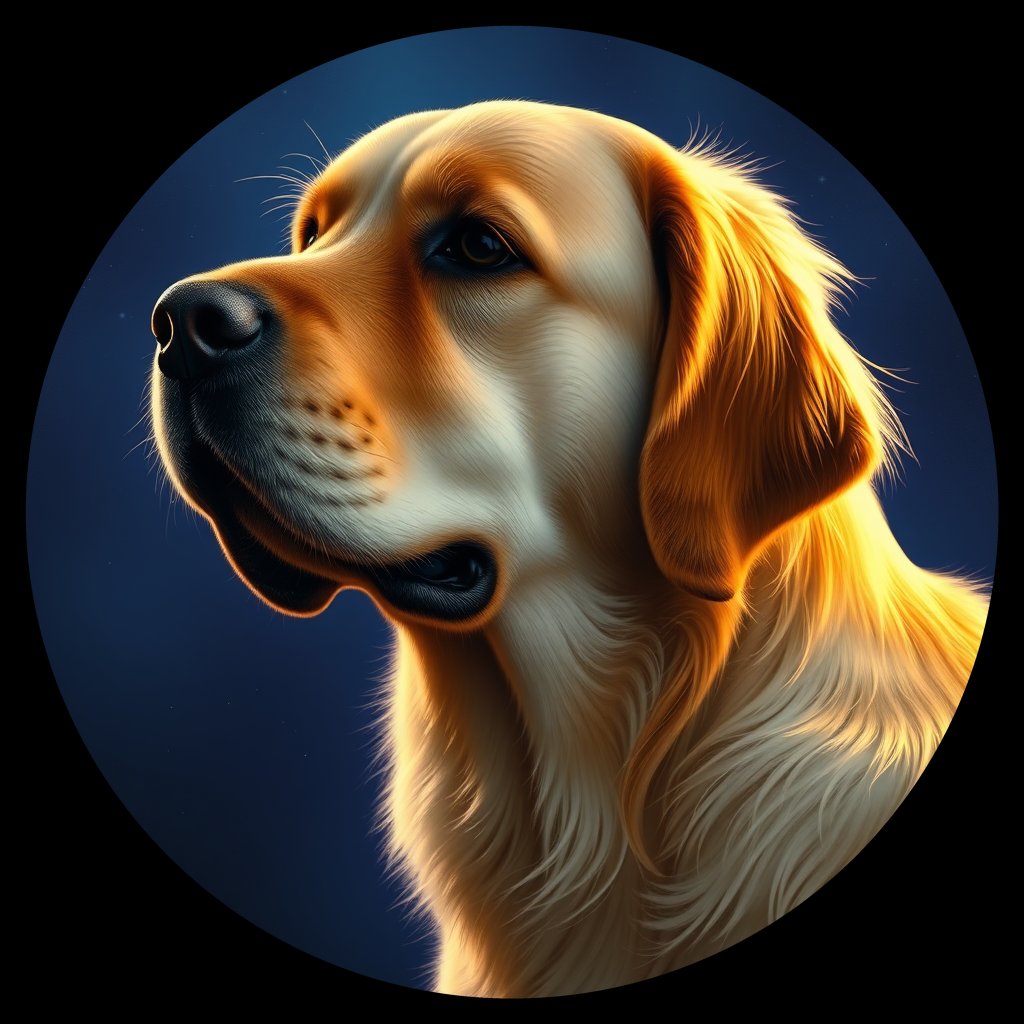 Cosmic medallion portrait of GRLS_grlsGGGVMZEE, a Golden Retriever