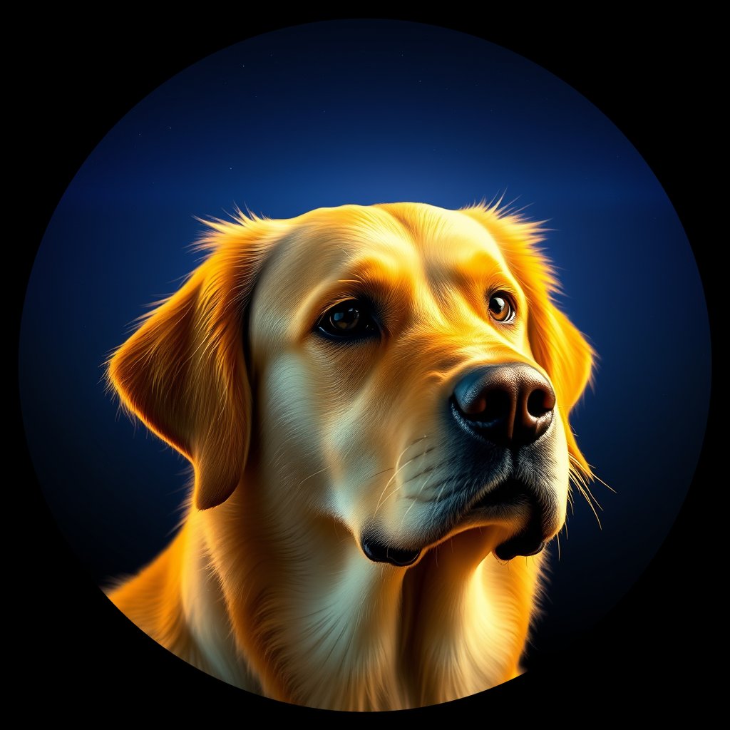 Cosmic medallion portrait of GRLS_grlsGHZTRXLL, a Golden Retriever