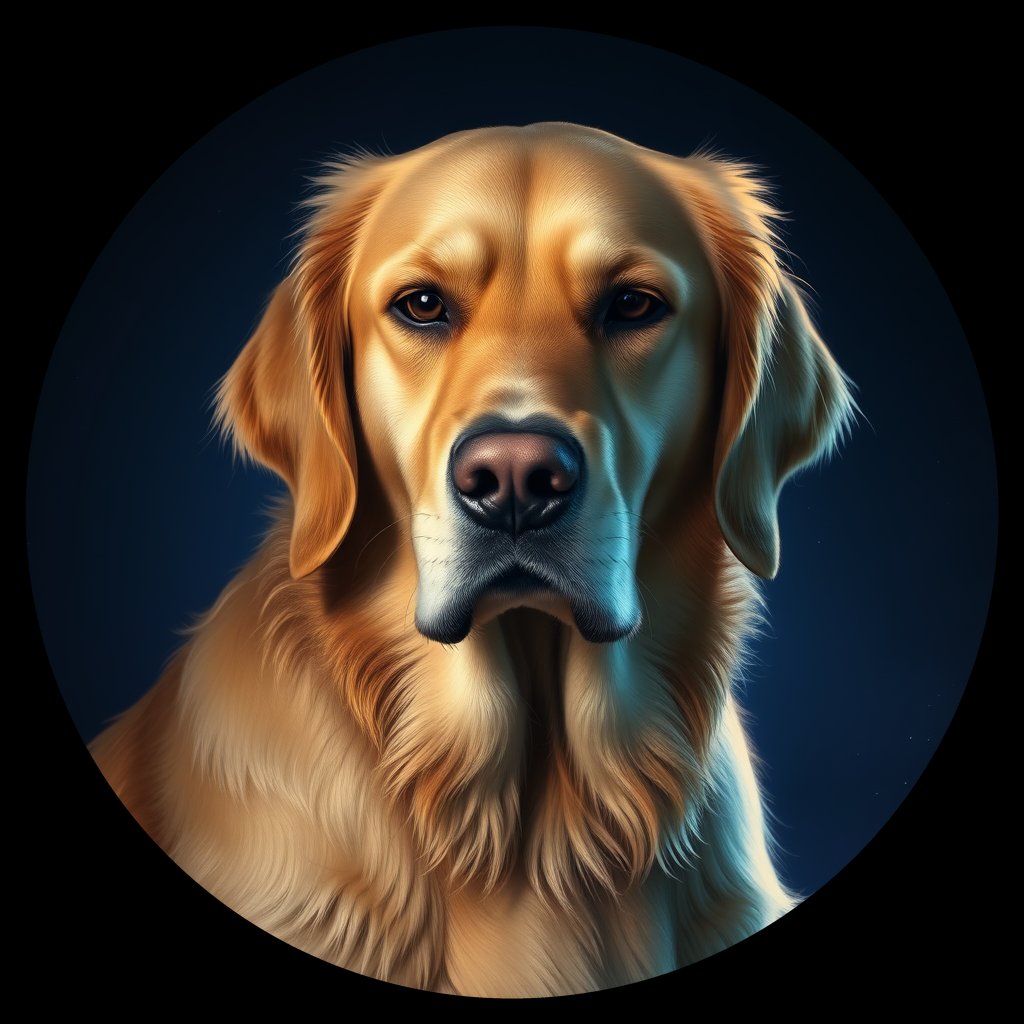Cosmic medallion portrait of GRLS_grlsGI38BBII, a Golden Retriever