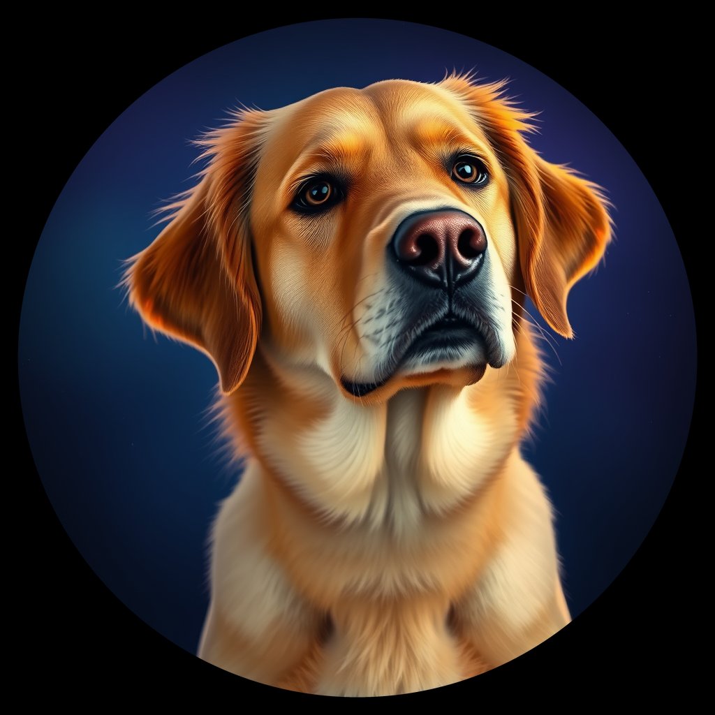 Cosmic medallion portrait of GRLS_grlsGIKMC9GG, a Golden Retriever