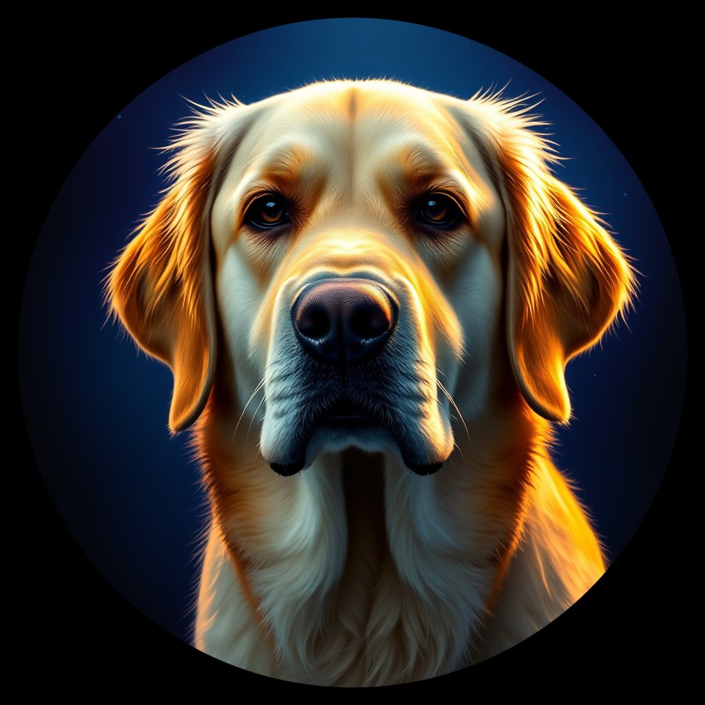 Cosmic medallion portrait of GRLS_grlsGJ8G77ZZ, a Golden Retriever