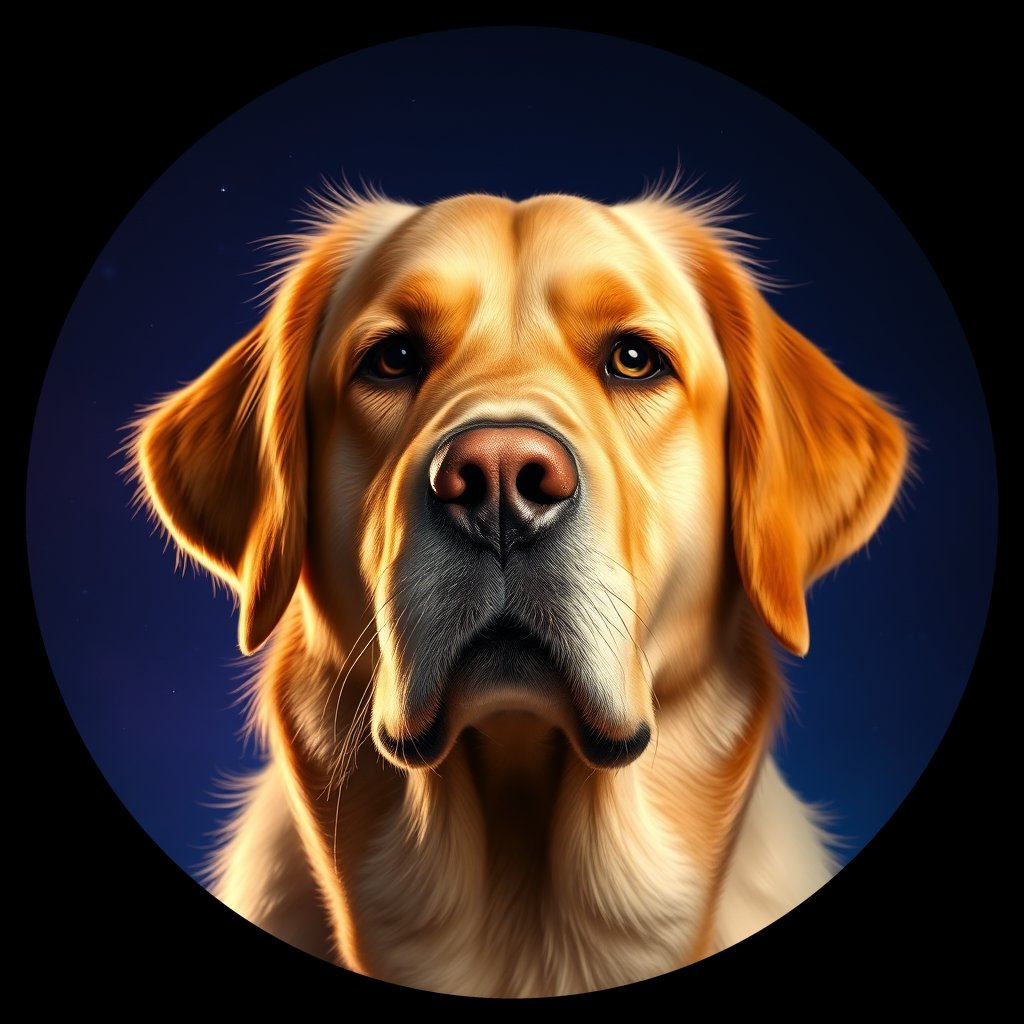 Cosmic medallion portrait of GRLS_grlsGJF1SXX, a Golden Retriever