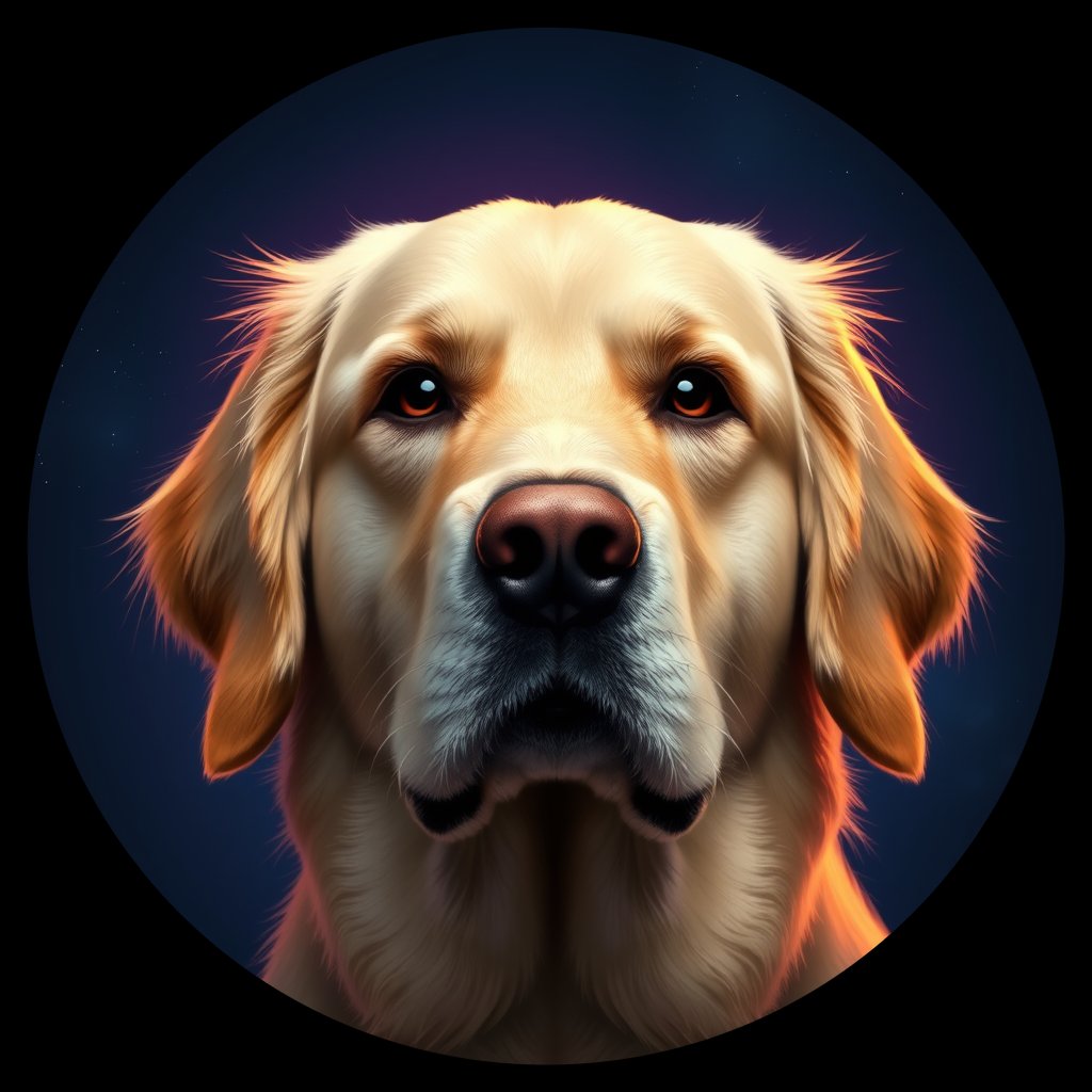 Cosmic medallion portrait of GRLS_grlsGL9S86MM, a Golden Retriever