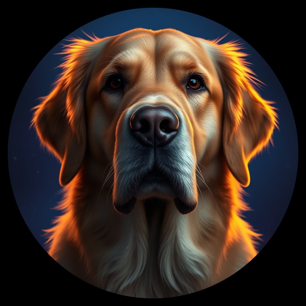 Cosmic medallion portrait of GRLS_grlsGNSPADYY, a Golden Retriever