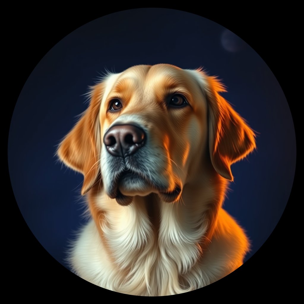 Cosmic medallion portrait of GRLS_grlsGOGQD1JJ, a Golden Retriever