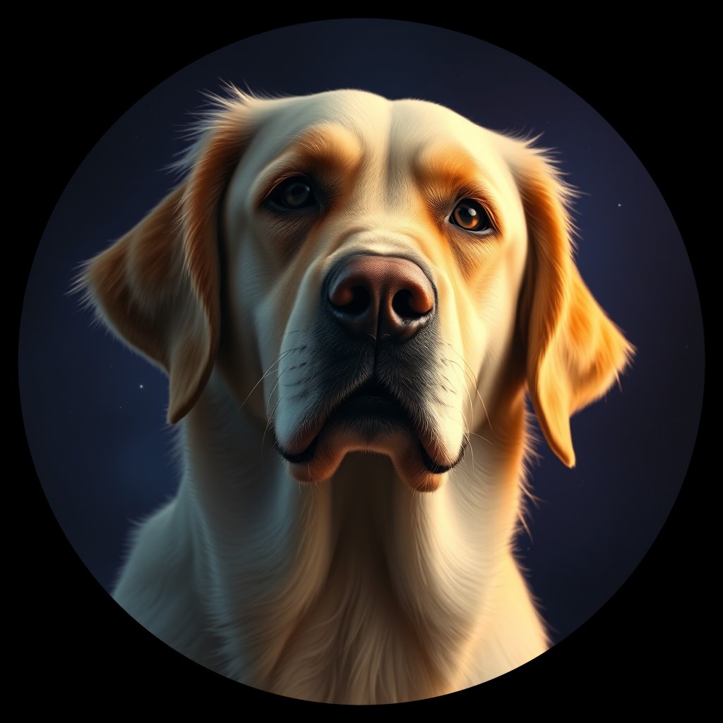 Cosmic medallion portrait of GRLS_grlsGPYURPII, a Golden Retriever