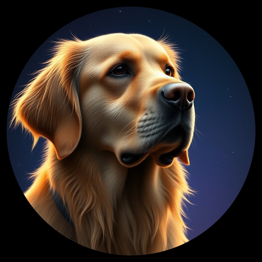 Cosmic medallion portrait of GRLS_grlsGR1G88RR, a Golden Retriever