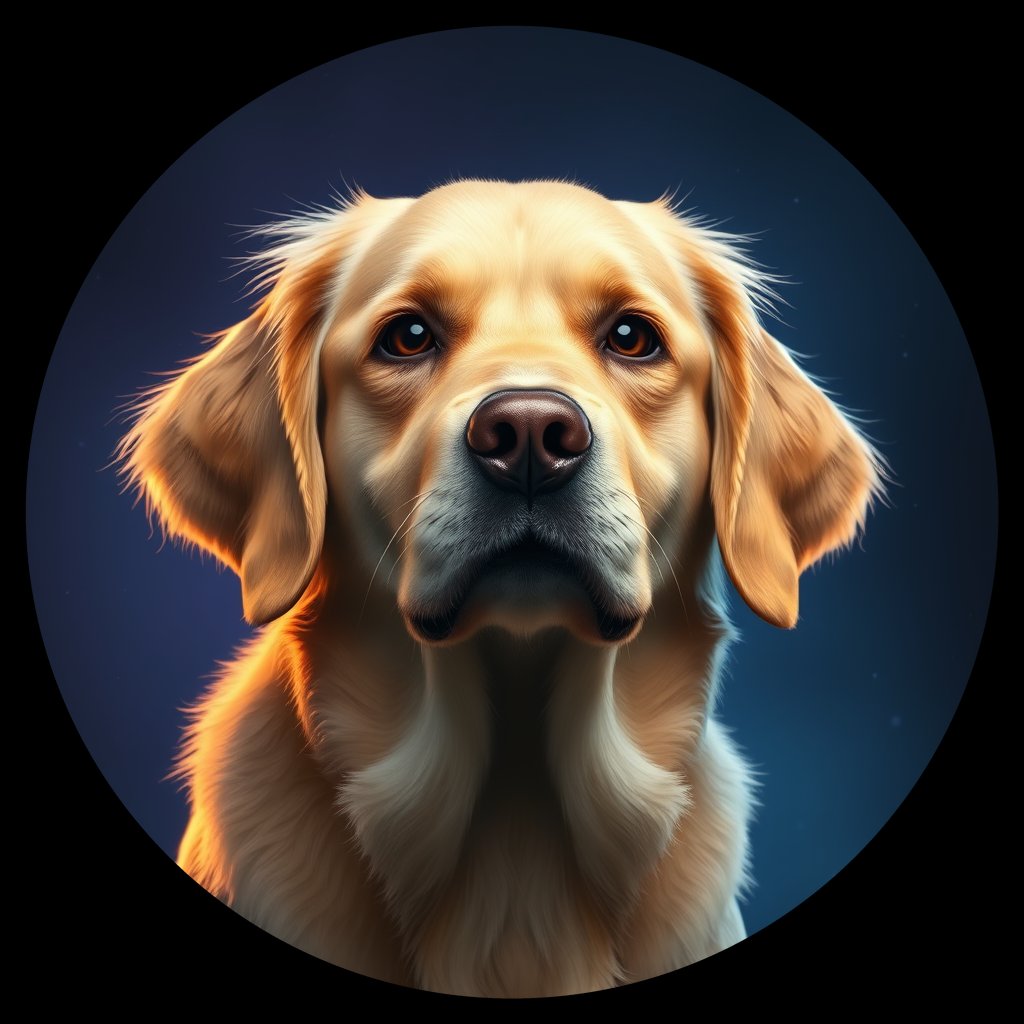 Cosmic medallion portrait of GRLS_grlsGULYUQ55, a Golden Retriever