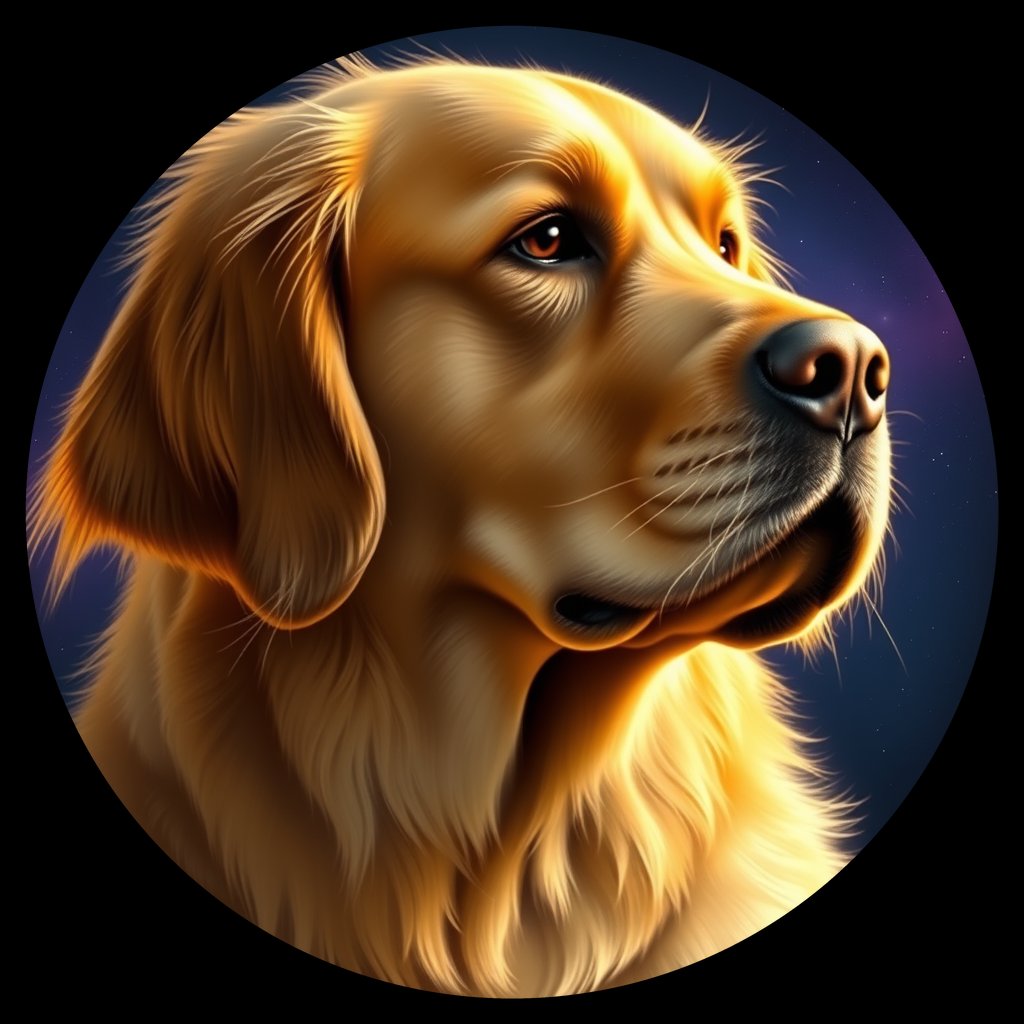 Cosmic medallion portrait of GRLS_grlsGXI98U11, a Golden Retriever