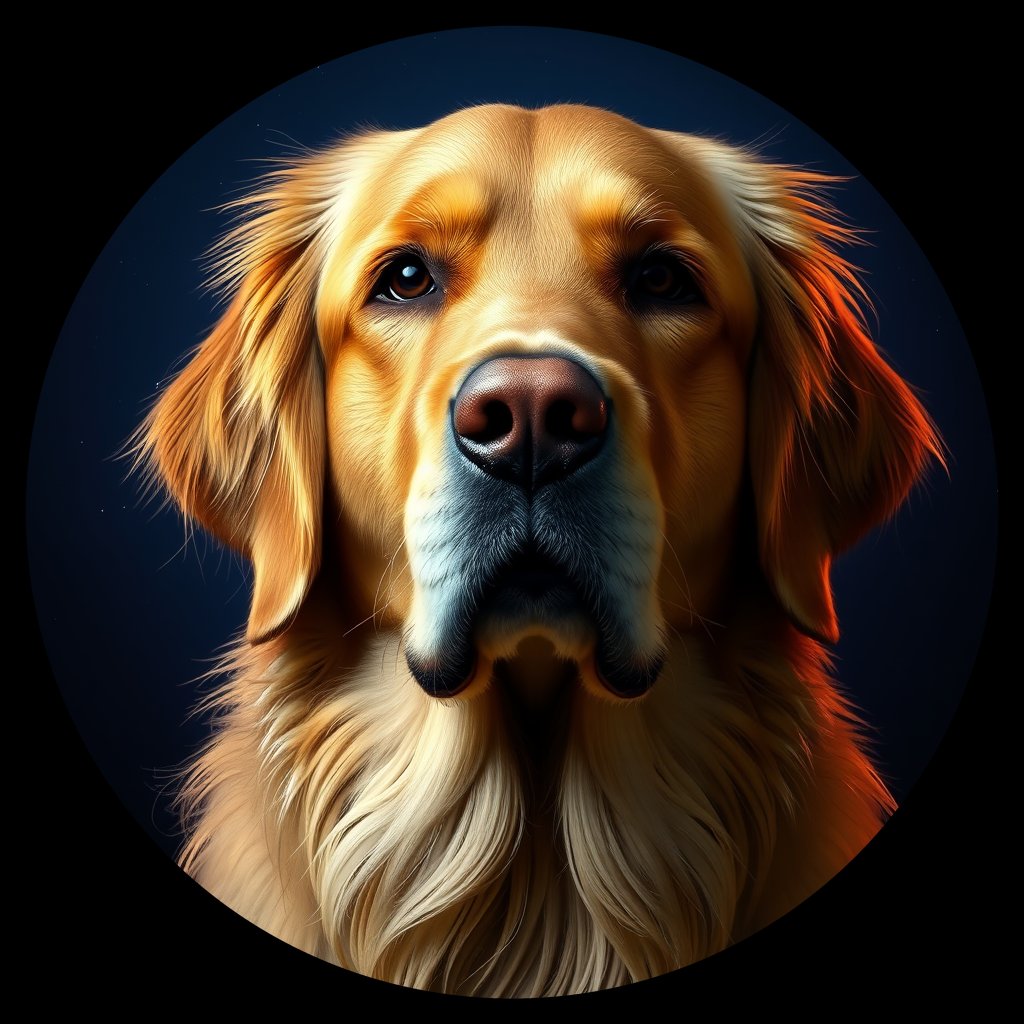 Cosmic medallion portrait of GRLS_grlsGYJYDRBB, a Golden Retriever