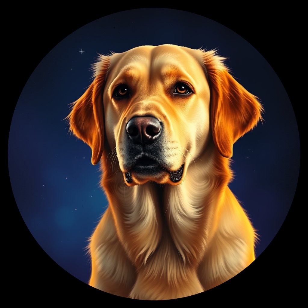 Cosmic medallion portrait of GRLS_grlsH1FXQJZZ, a Golden Retriever