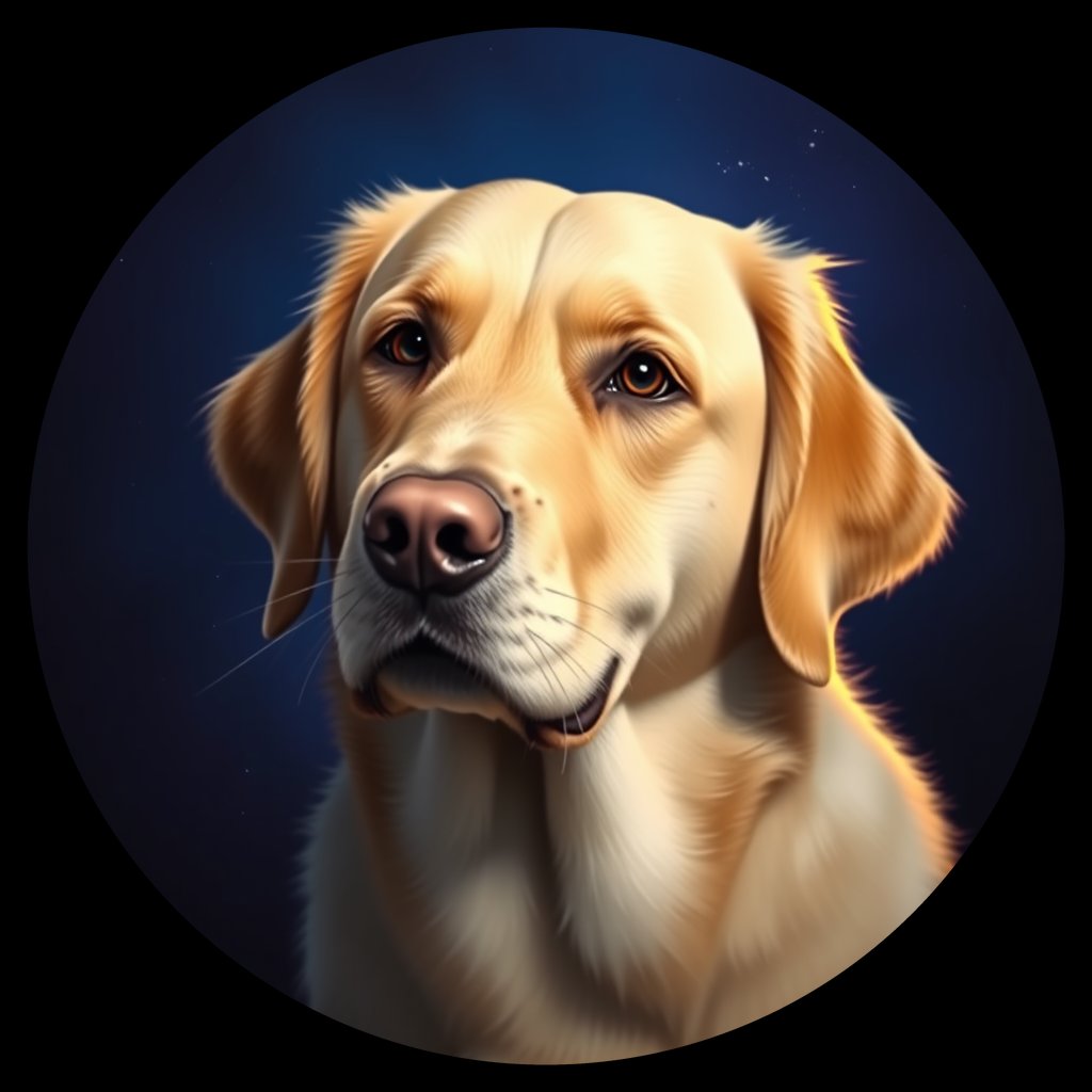 Cosmic medallion portrait of GRLS_grlsH1QJM00, a Golden Retriever