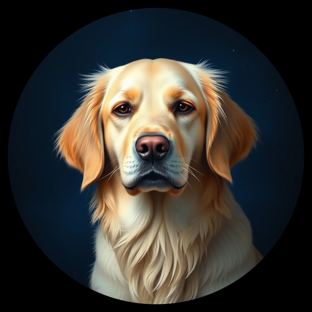 Cosmic medallion portrait of GRLS_grlsH2QK8KK, a Golden Retriever