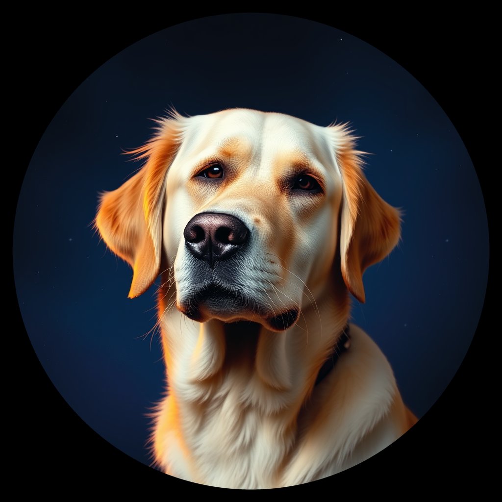 Cosmic medallion portrait of GRLS_grlsH5J26WOO, a Golden Retriever