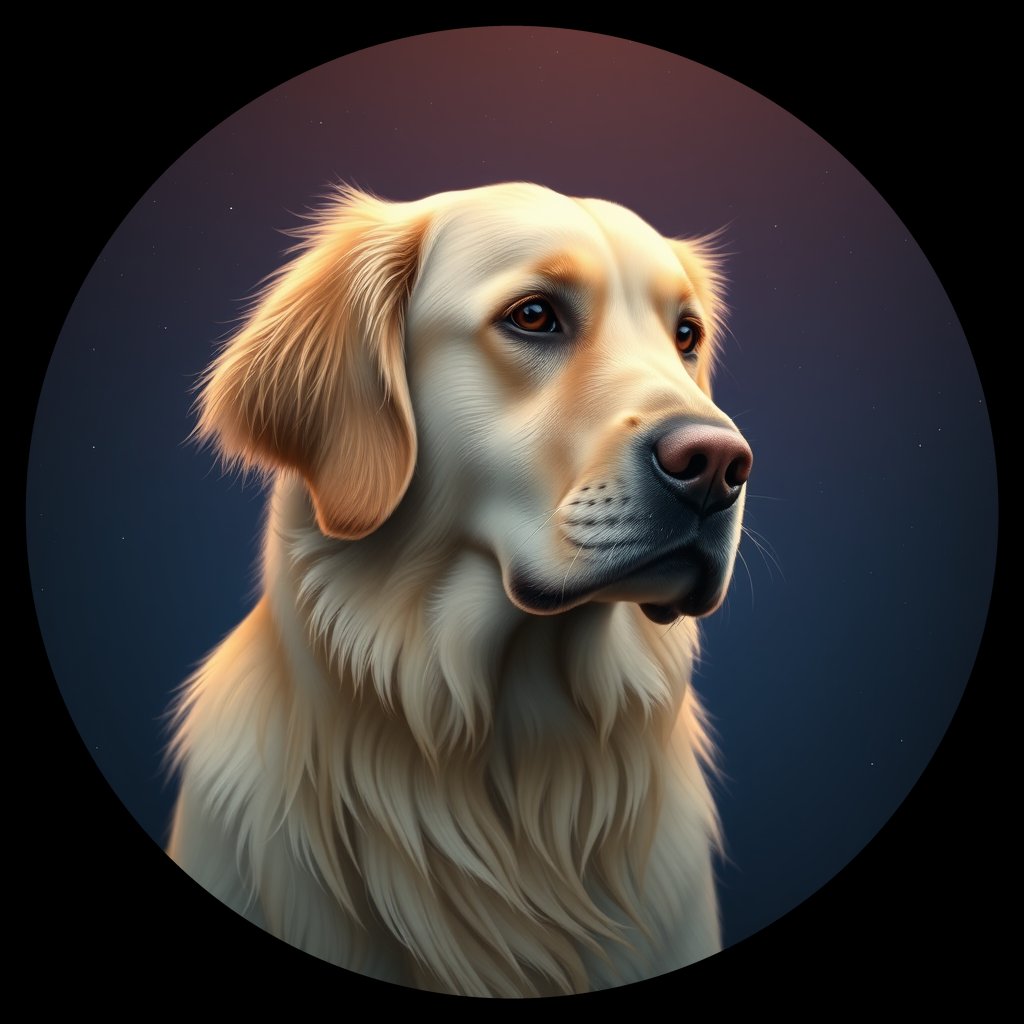 Cosmic medallion portrait of GRLS_grlsH602FYSS, a Golden Retriever
