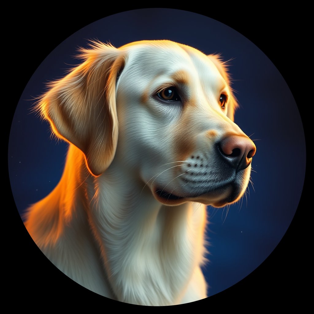 Cosmic medallion portrait of GRLS_grlsHDT8V9EE, a Golden Retriever