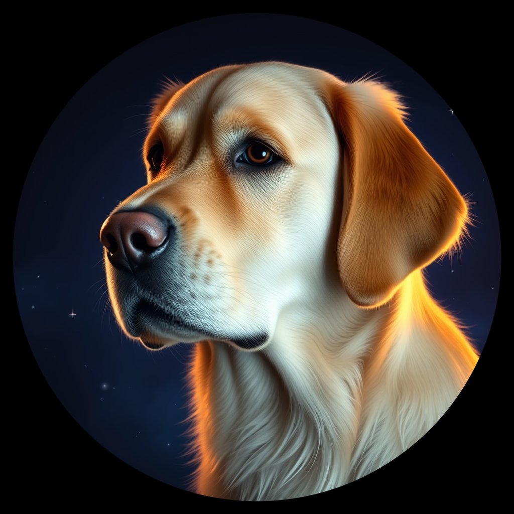 Cosmic medallion portrait of GRLS_grlsHE03MPRR, a Golden Retriever