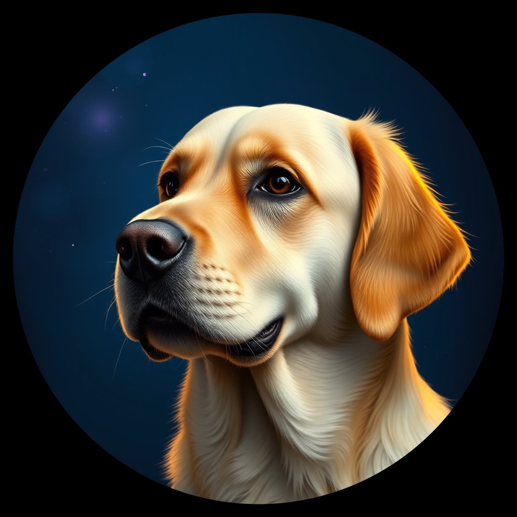Cosmic medallion portrait of GRLS_grlsHF70NIII, a Golden Retriever