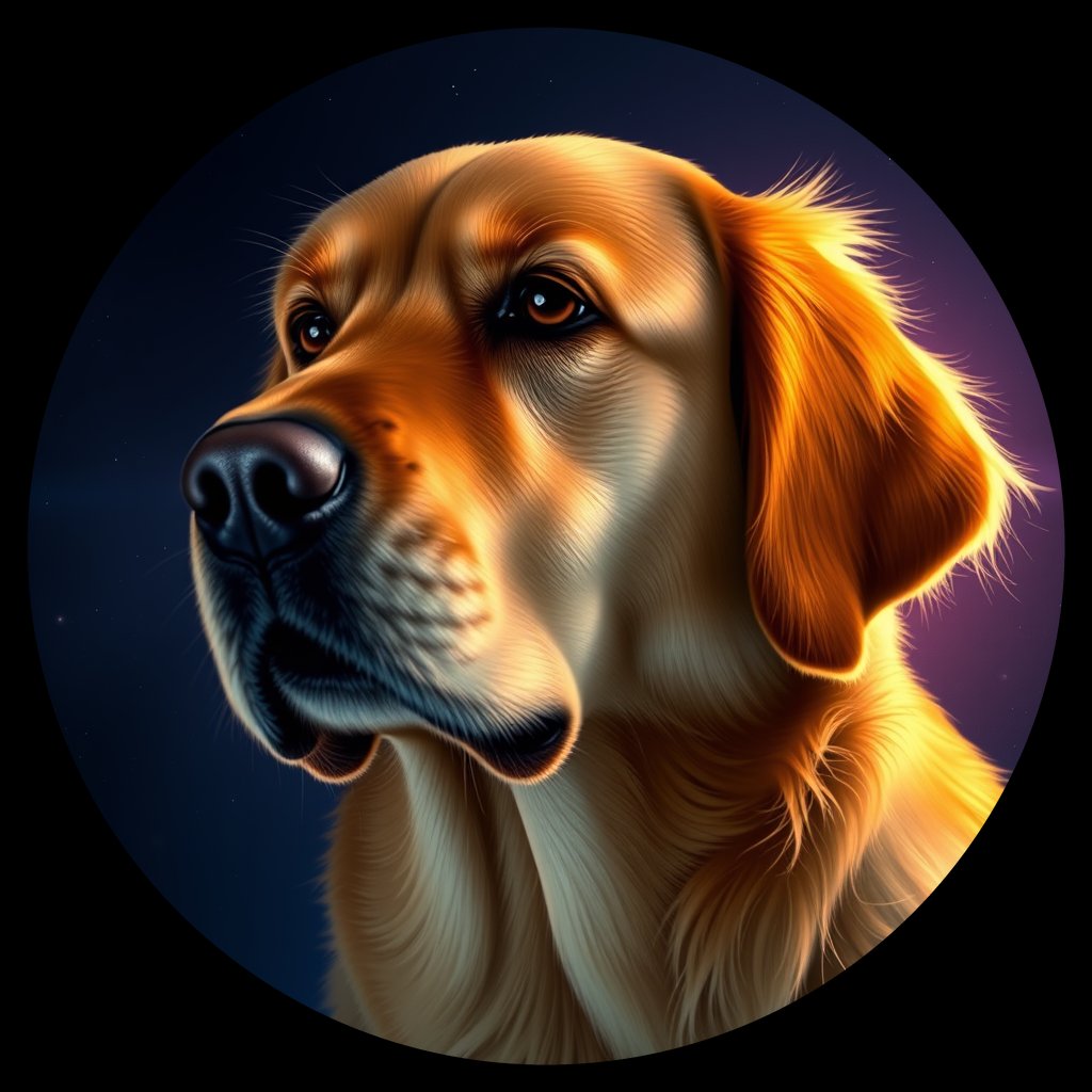 Cosmic medallion portrait of GRLS_grlsHFFAIE55, a Golden Retriever