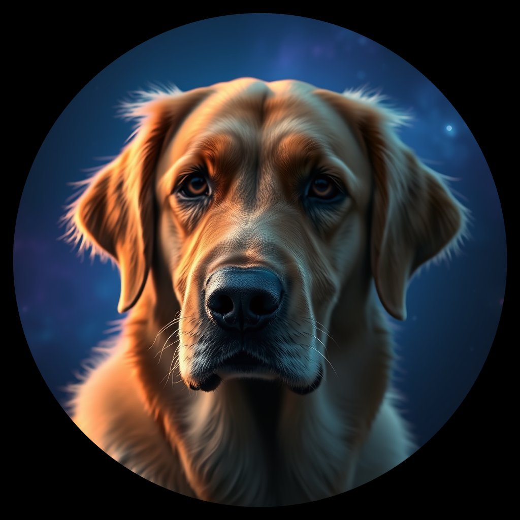 Cosmic medallion portrait of GRLS_grlsHFIF9I22, a Golden Retriever