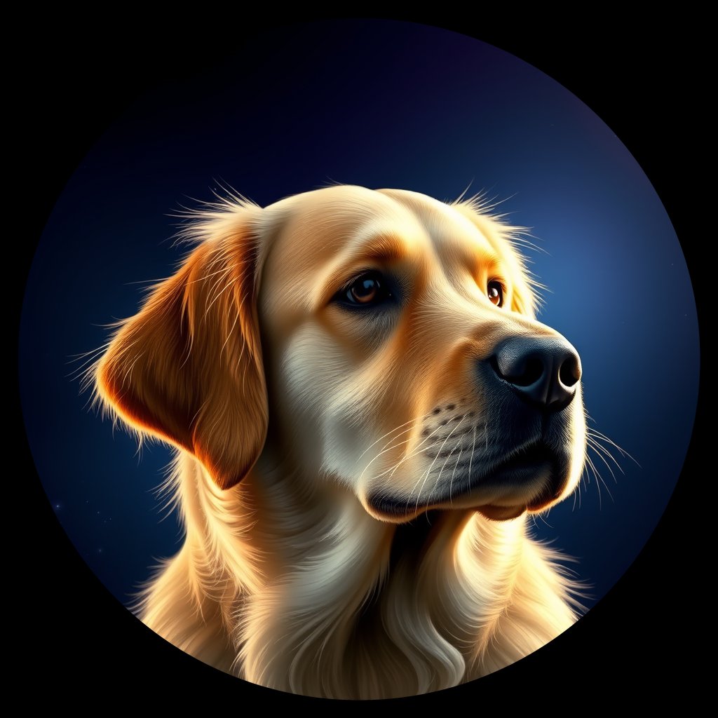 Cosmic medallion portrait of GRLS_grlsHLSFNYOO, a Golden Retriever