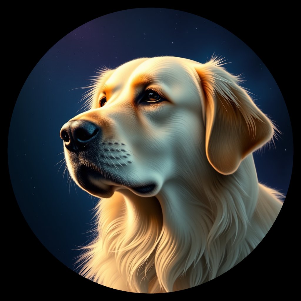 Cosmic medallion portrait of GRLS_grlsHMJG8HQQ, a Golden Retriever