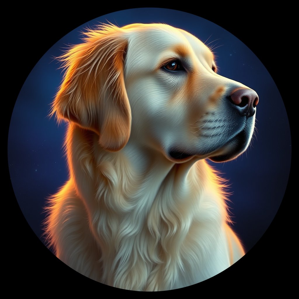 Cosmic medallion portrait of GRLS_grlsHMN1FZ77, a Golden Retriever