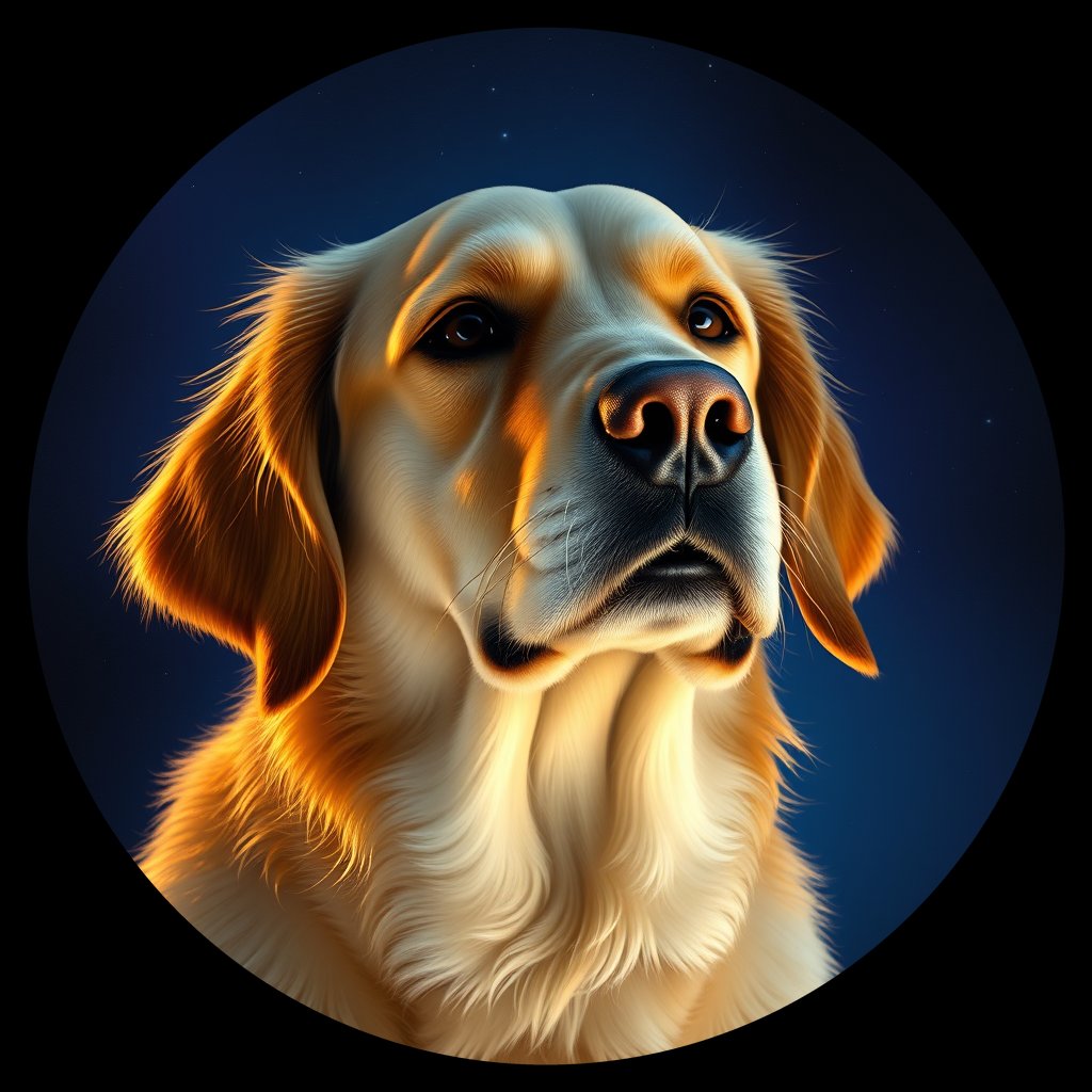 Cosmic medallion portrait of GRLS_grlsHOYLOKSS, a Golden Retriever