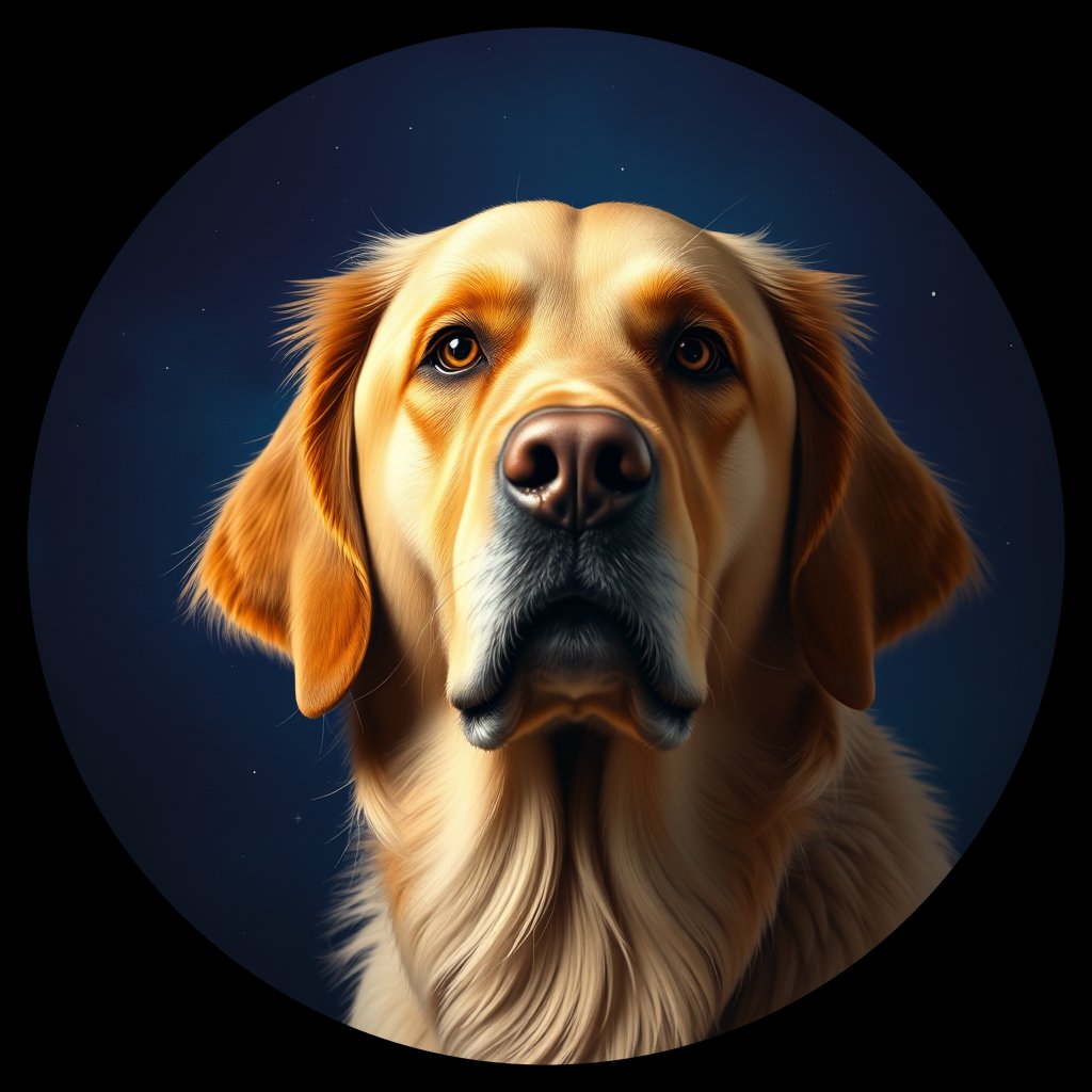 Cosmic medallion portrait of GRLS_grlsHRHVYENN, a Golden Retriever