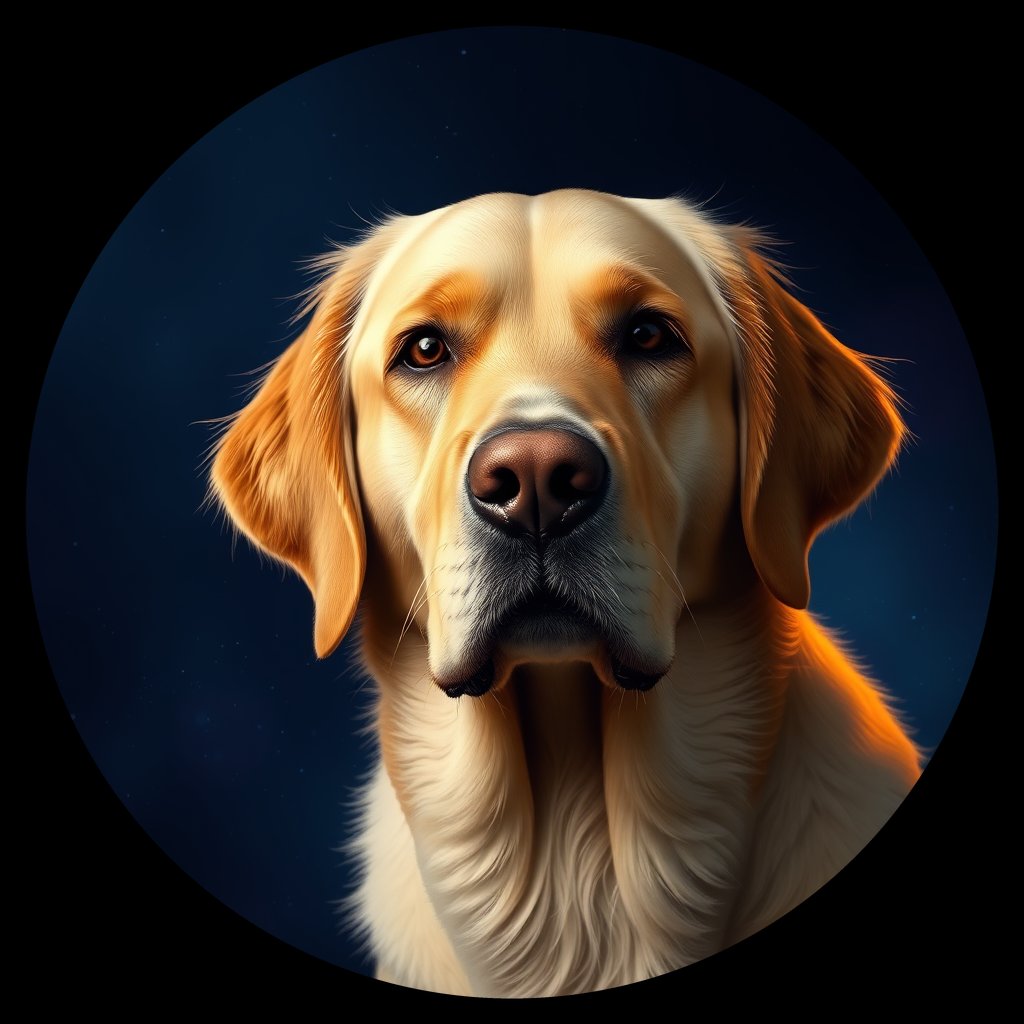 Cosmic medallion portrait of GRLS_grlsHXFOXYTT, a Golden Retriever