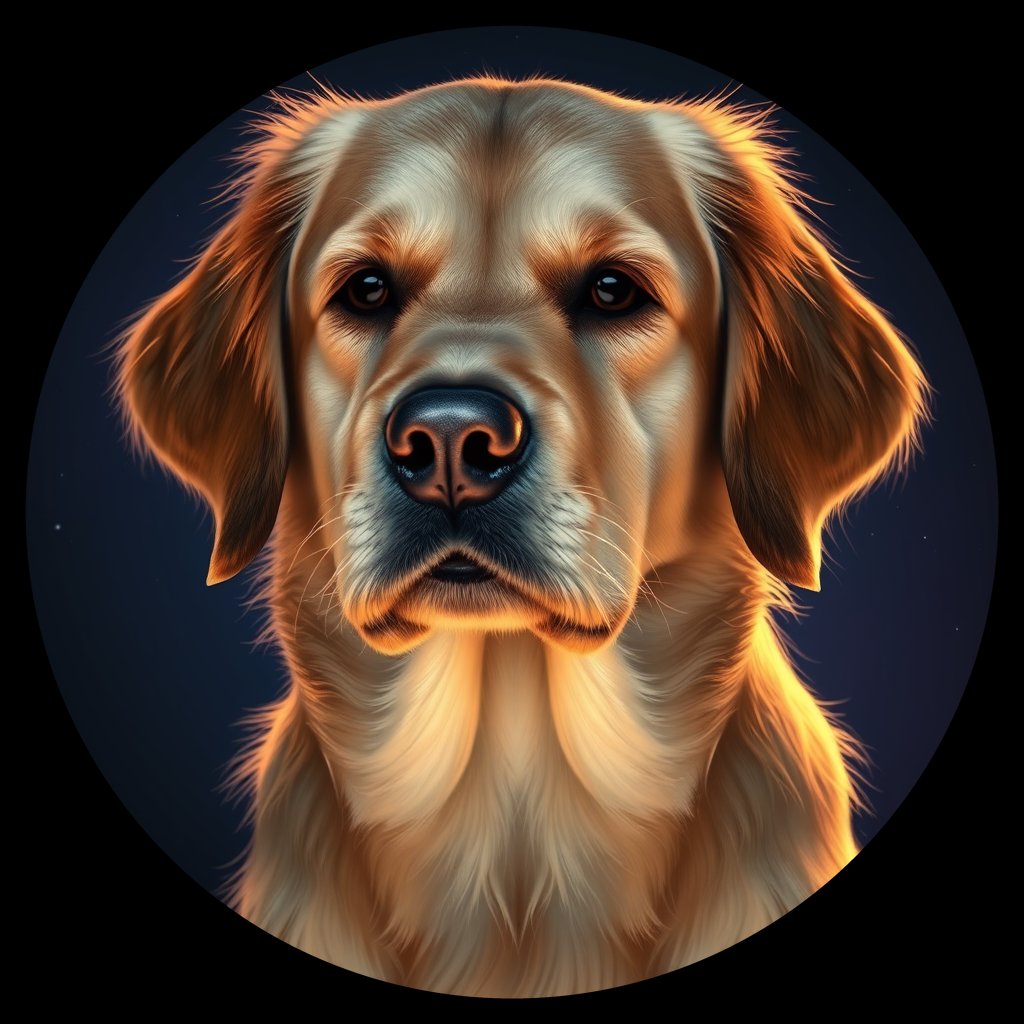 Cosmic medallion portrait of GRLS_grlsI177HBBB, a Golden Retriever