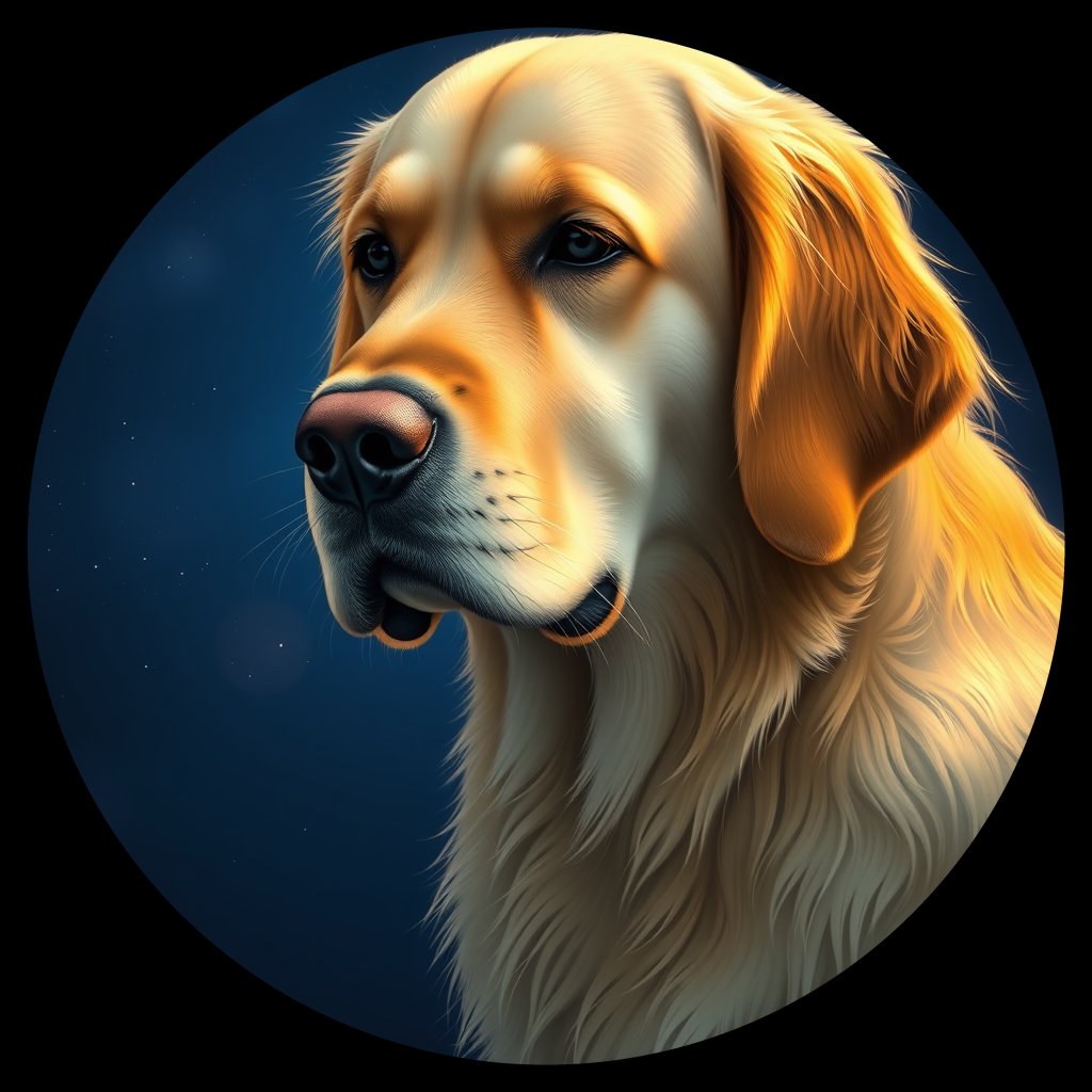Cosmic medallion portrait of GRLS_grlsI32KYAEE, a Golden Retriever