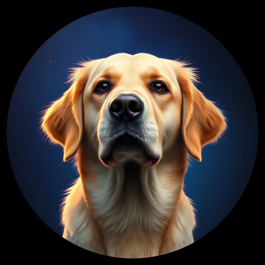 Cosmic medallion portrait of GRLS_grlsI3AT2X55, a Golden Retriever