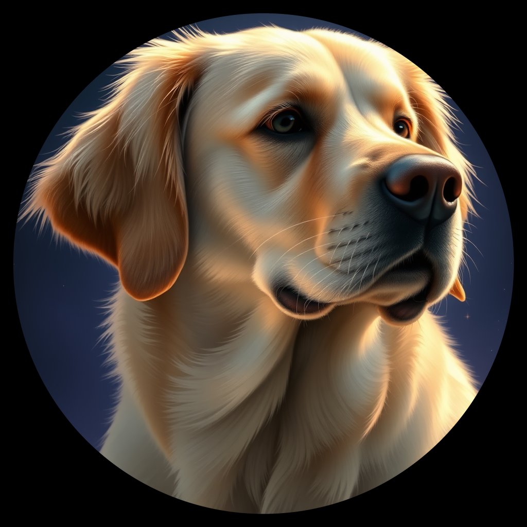 Cosmic medallion portrait of GRLS_grlsI426LMZZ, a Golden Retriever