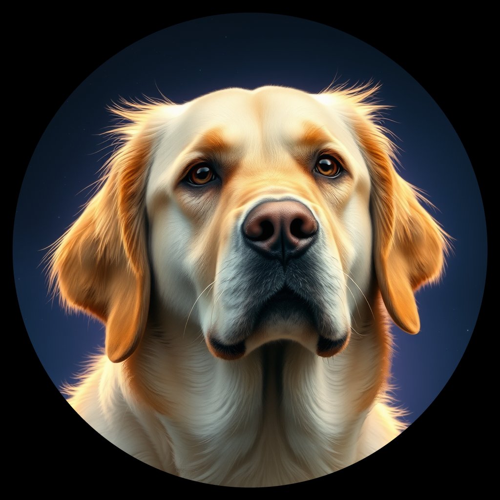 Cosmic medallion portrait of GRLS_grlsI4RK7W55, a Golden Retriever