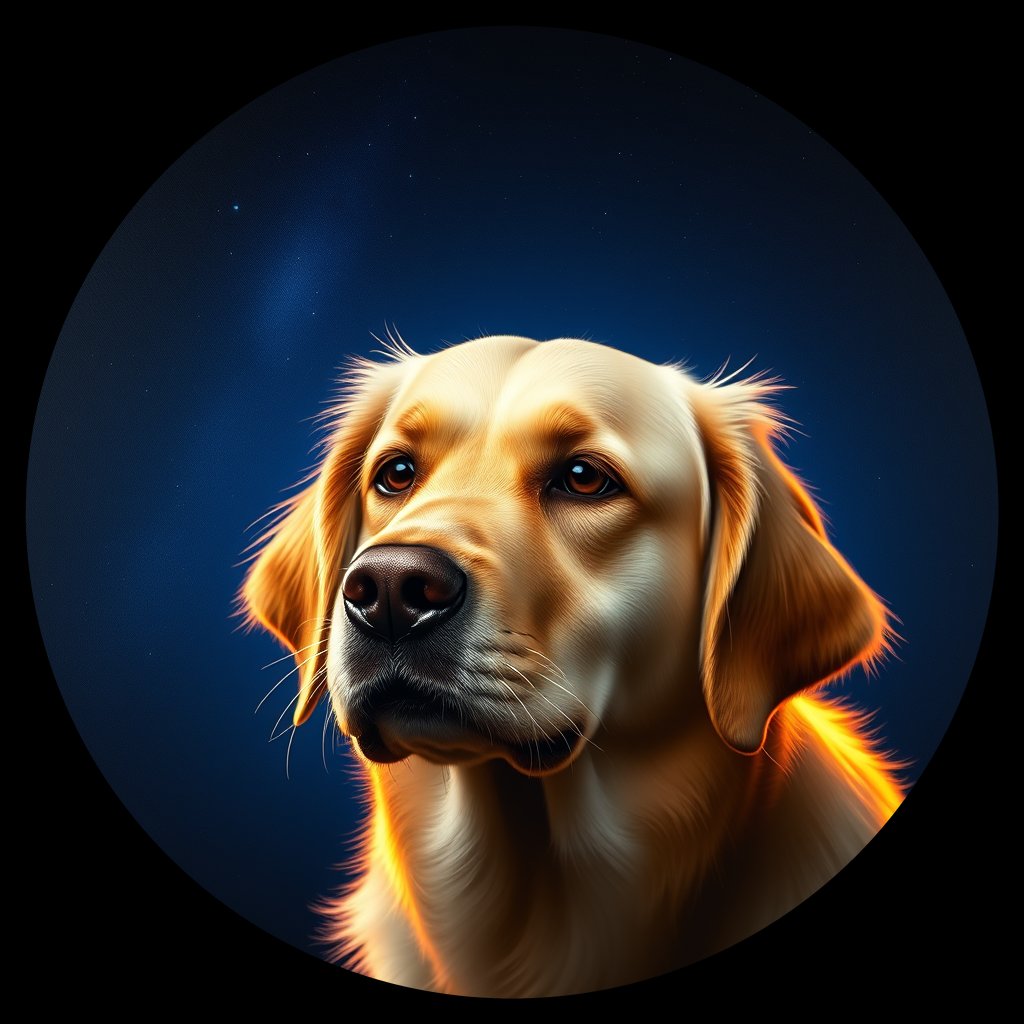 Cosmic medallion portrait of GRLS_grlsI8B40J88, a Golden Retriever