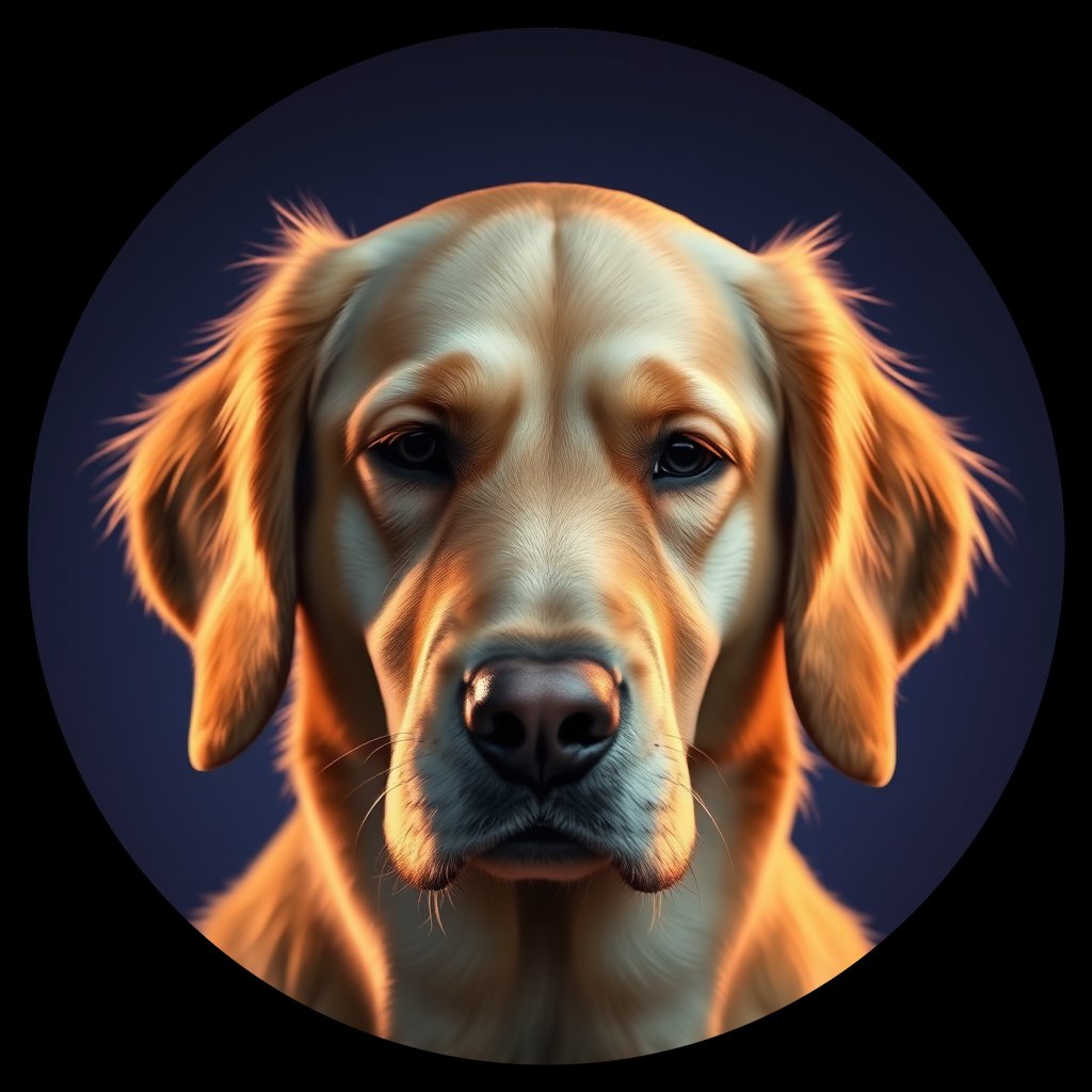 Cosmic medallion portrait of GRLS_grlsIGEVNVBB, a Golden Retriever