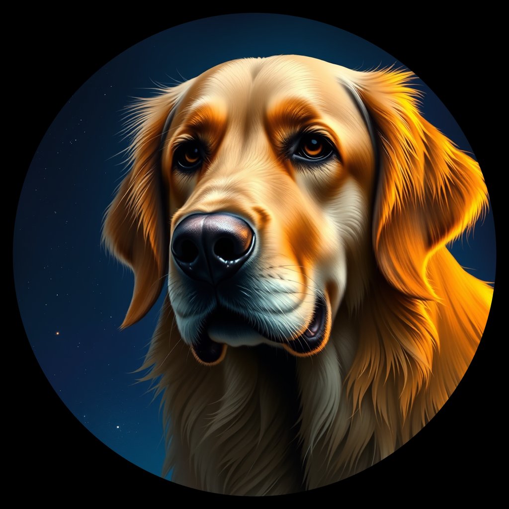 Cosmic medallion portrait of GRLS_grlsIHEGXMVV, a Golden Retriever
