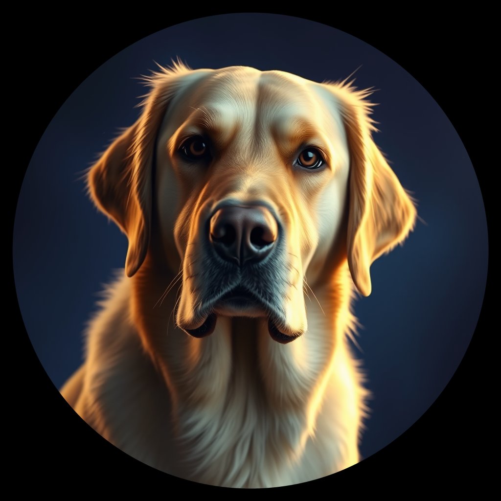 Cosmic medallion portrait of GRLS_grlsIL8LVK99, a Golden Retriever
