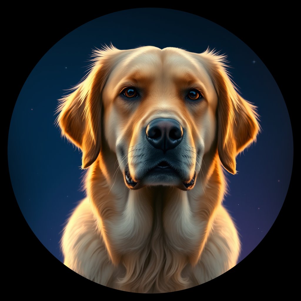 Cosmic medallion portrait of GRLS_grlsIN74W0UU, a Golden Retriever