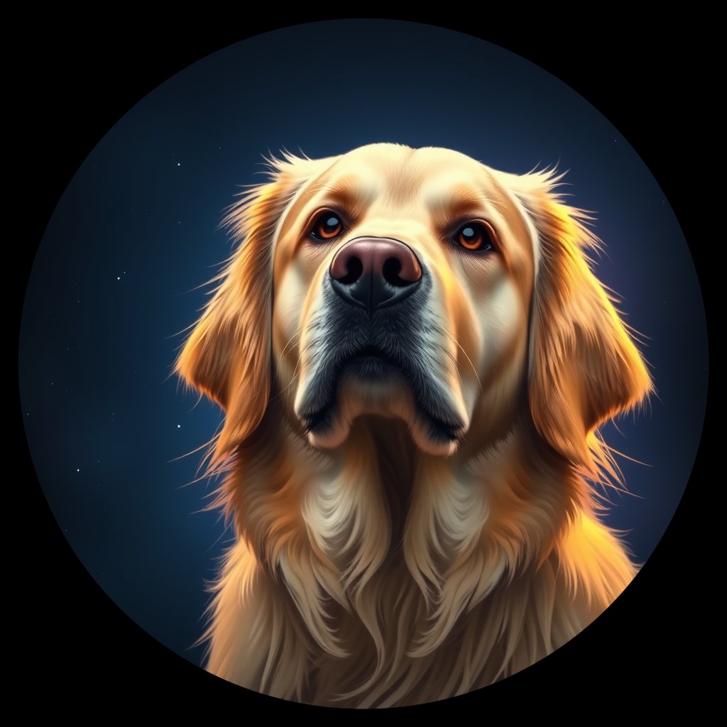 Cosmic medallion portrait of GRLS_grlsINDMCA66, a Golden Retriever