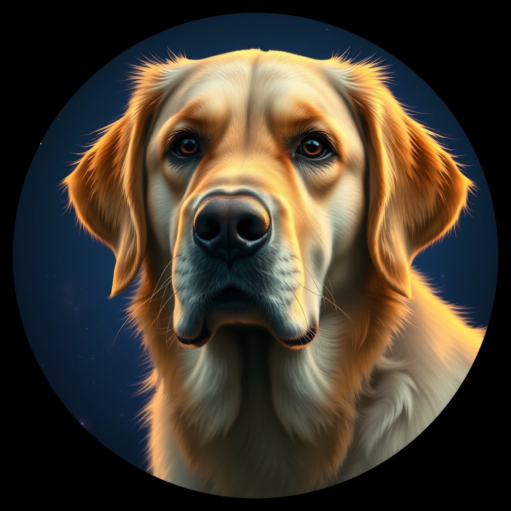 Cosmic medallion portrait of GRLS_grlsIO0AFTMM, a Golden Retriever