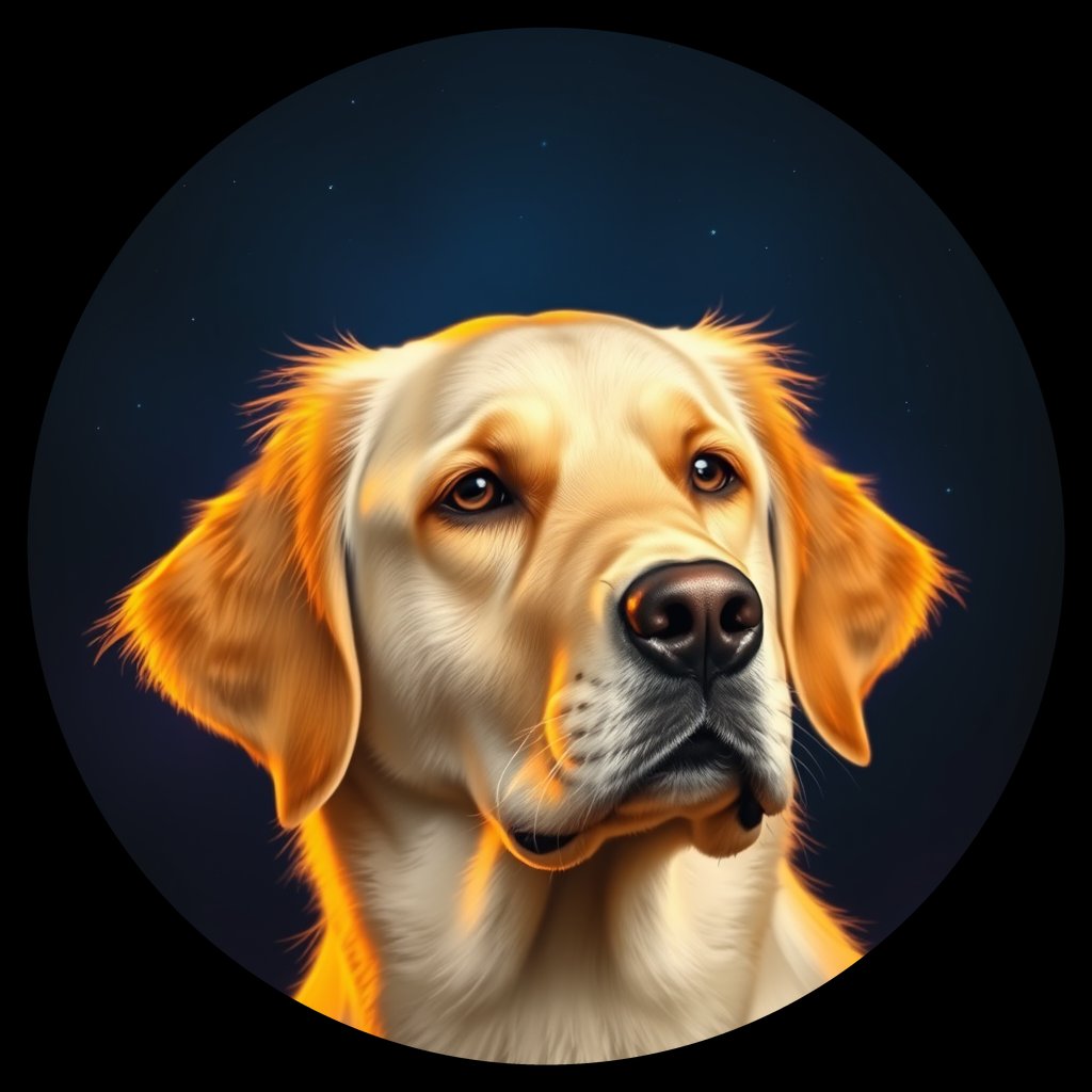 Cosmic medallion portrait of GRLS_grlsIQLVMMUU, a Golden Retriever