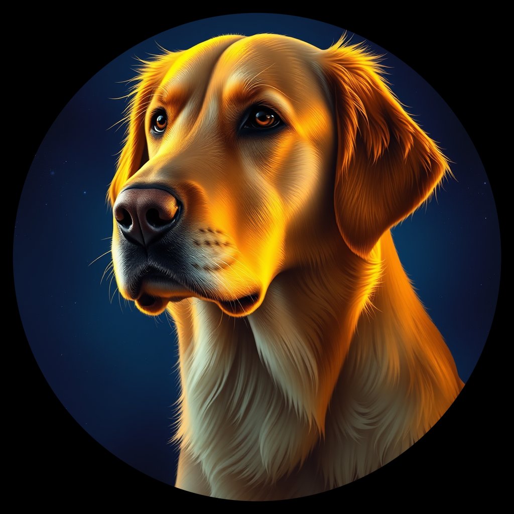 Cosmic medallion portrait of GRLS_grlsIRH5Z6OO, a Golden Retriever