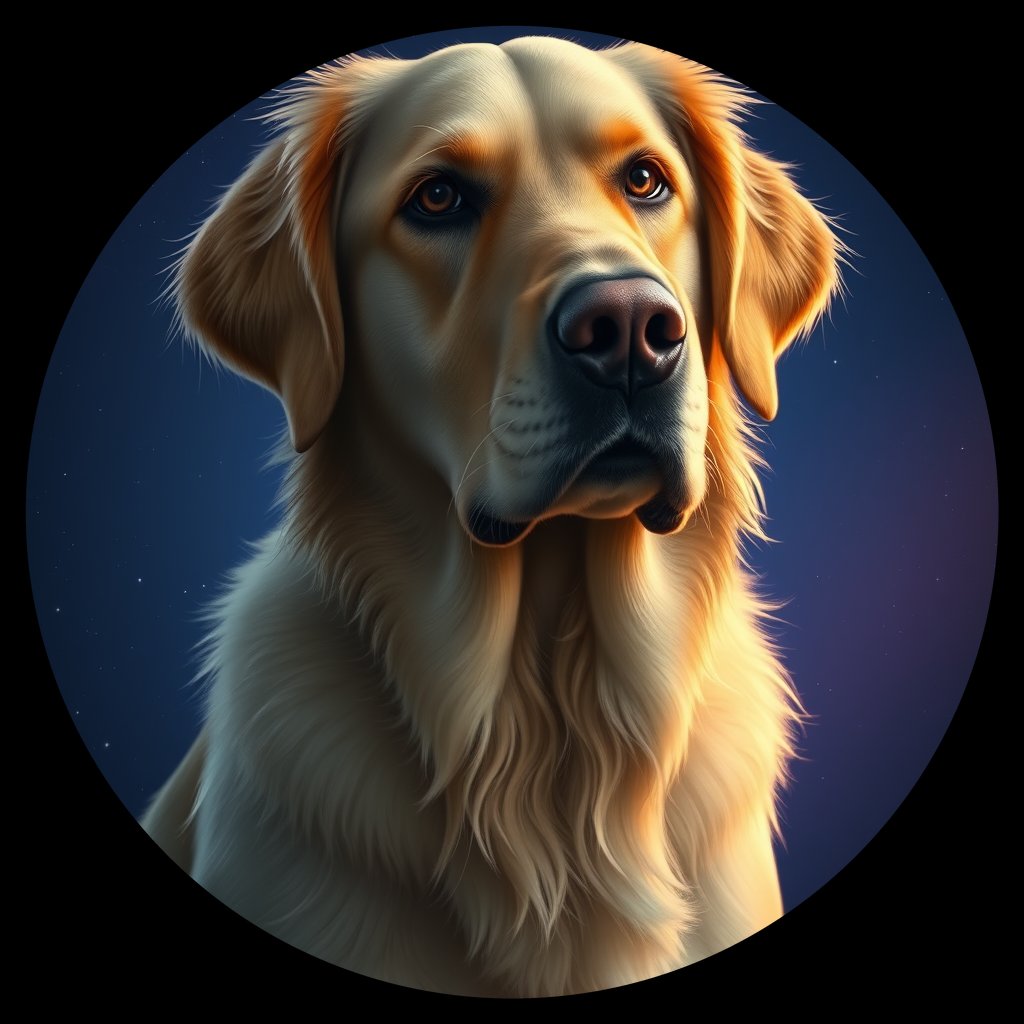 Cosmic medallion portrait of GRLS_grlsISL52BII, a Golden Retriever
