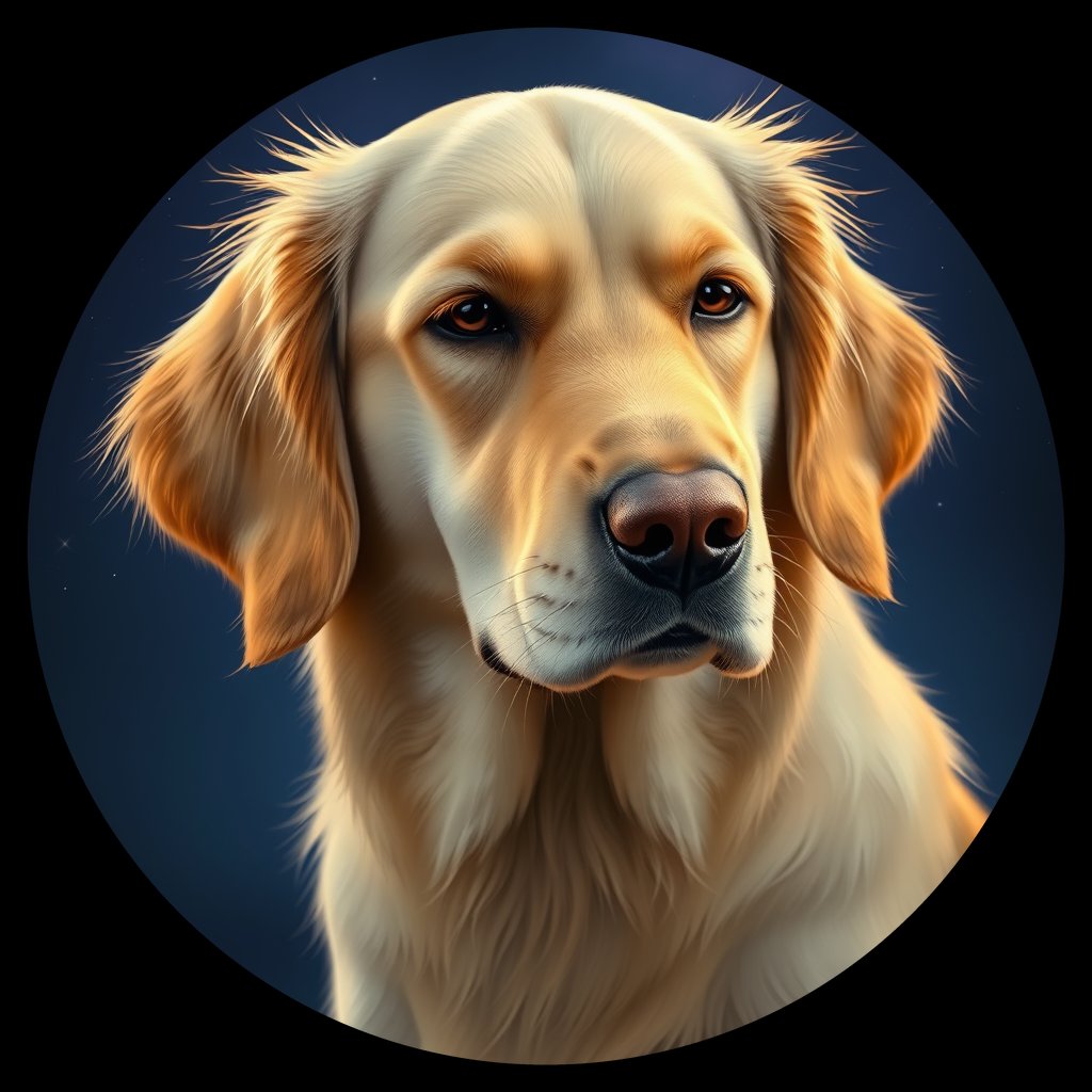 Cosmic medallion portrait of GRLS_grlsISV93MPP, a Golden Retriever
