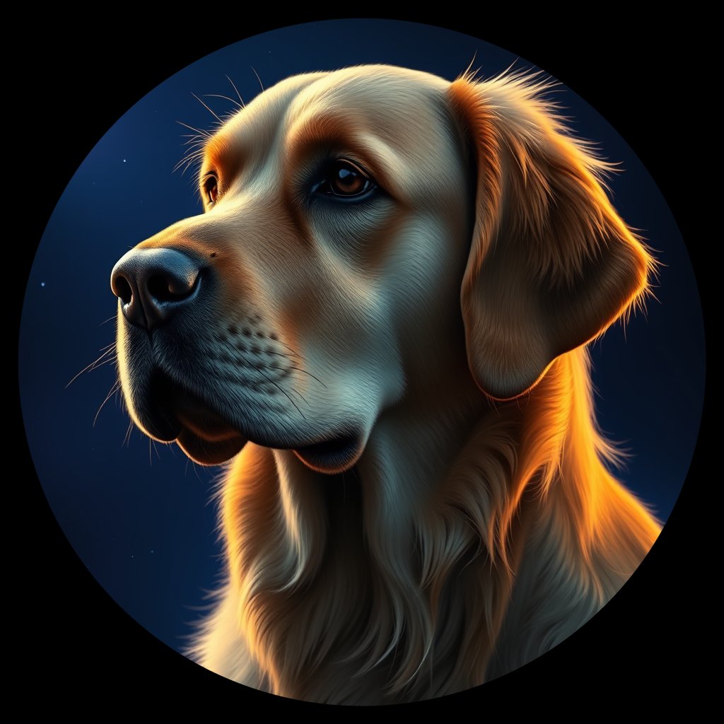 Cosmic medallion portrait of GRLS_grlsIWR44YJJ, a Golden Retriever