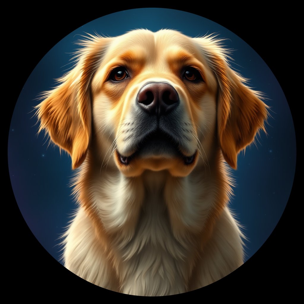 Cosmic medallion portrait of GRLS_grlsIXNMCD33, a Golden Retriever